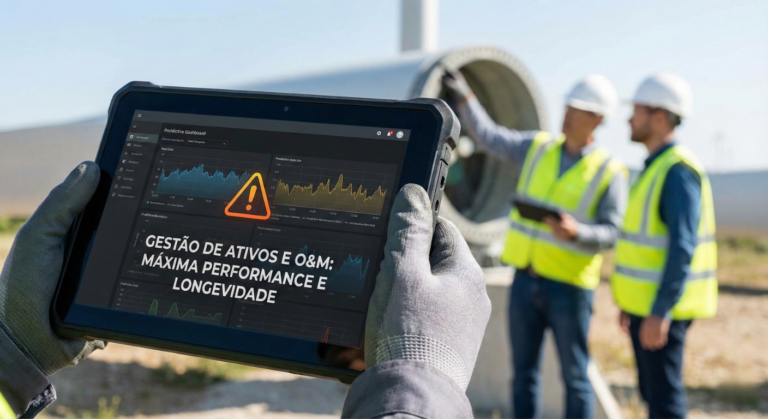 Equipe técnica realizando monitoramento em Gestão de Ativos e O&M para infraestrutura de energia.